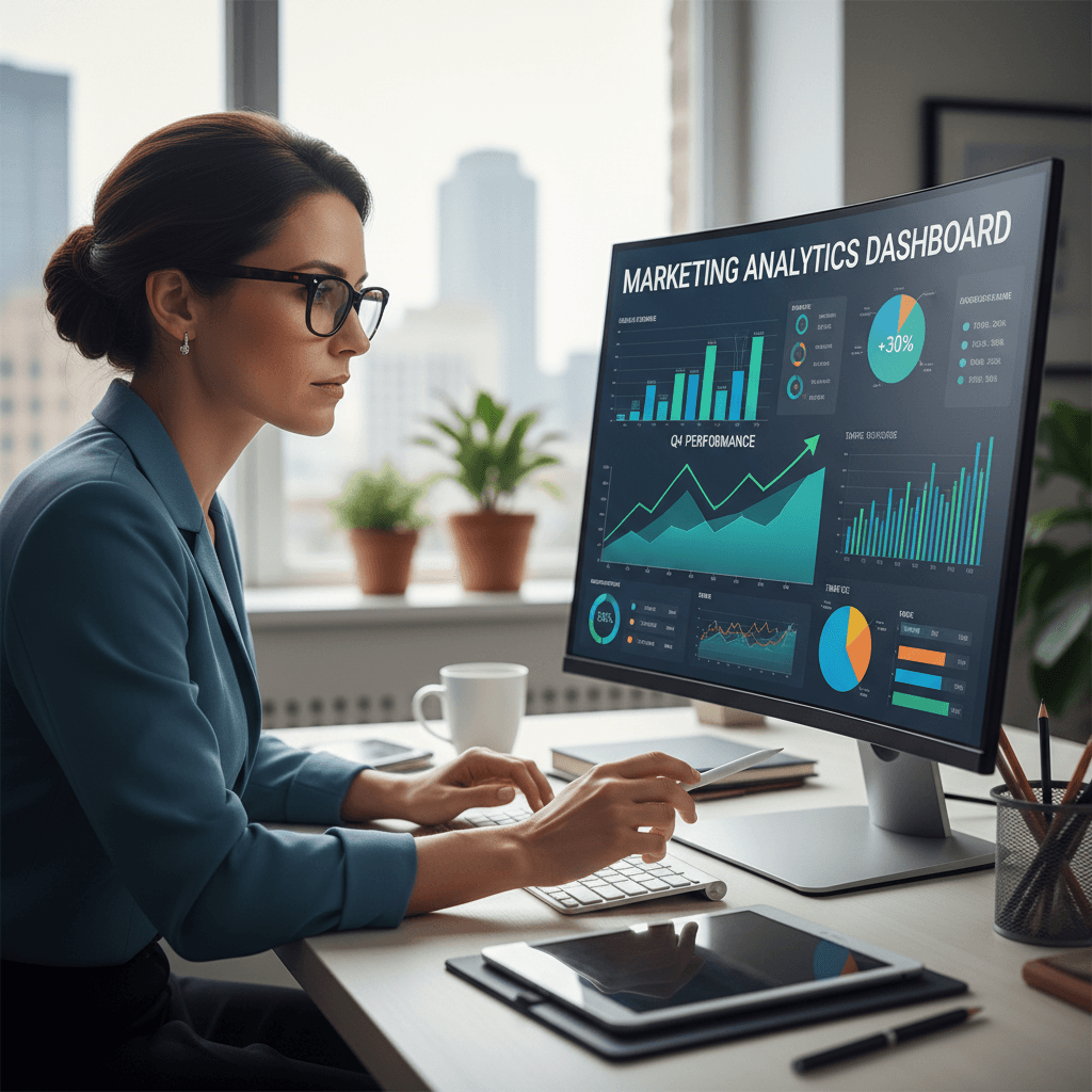 professional analyzing advertising data on a computer screen