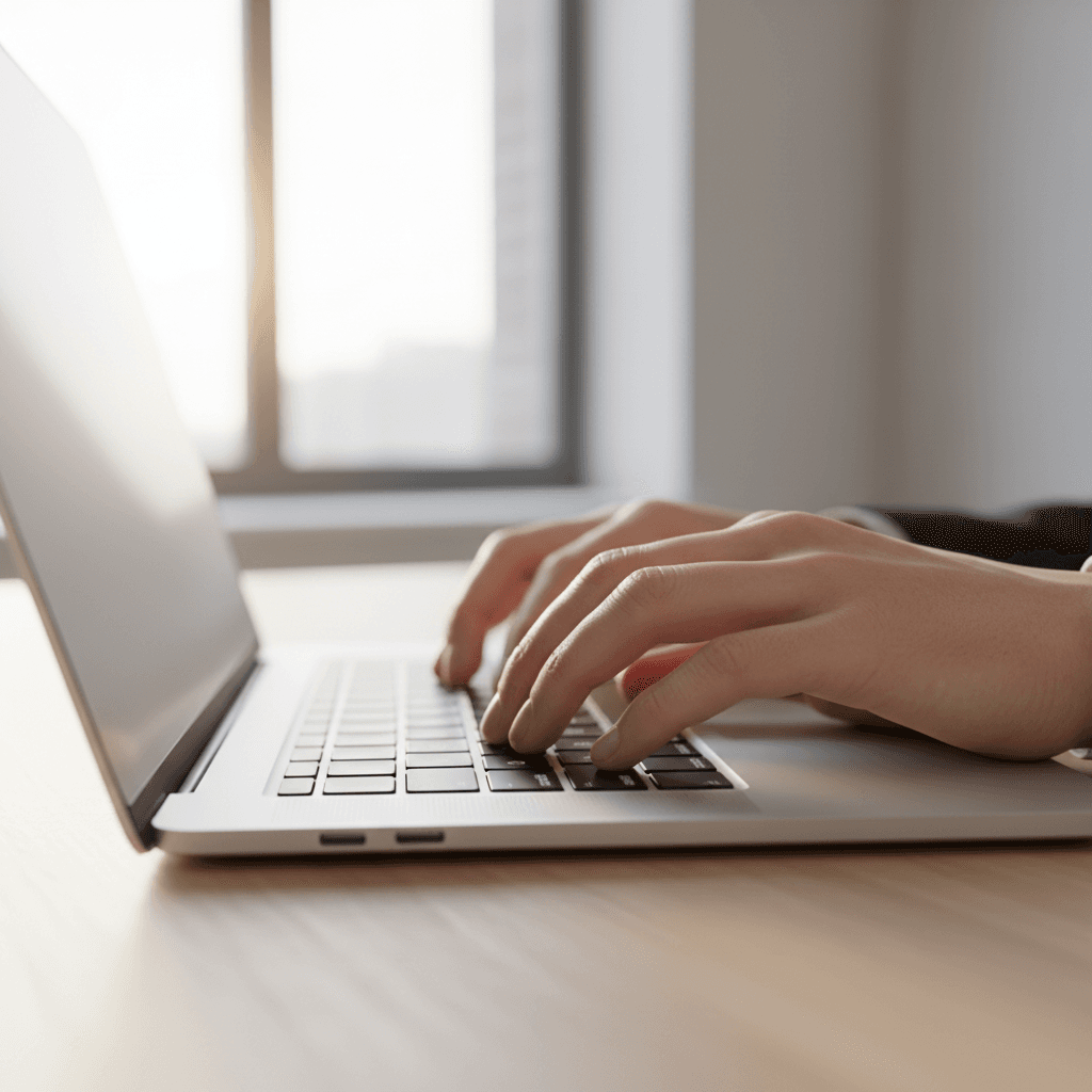 Hands typing on a laptop keyboard in a bright modern office