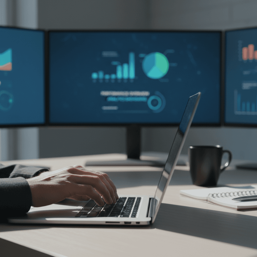 Person working on laptop with analytics dashboard
