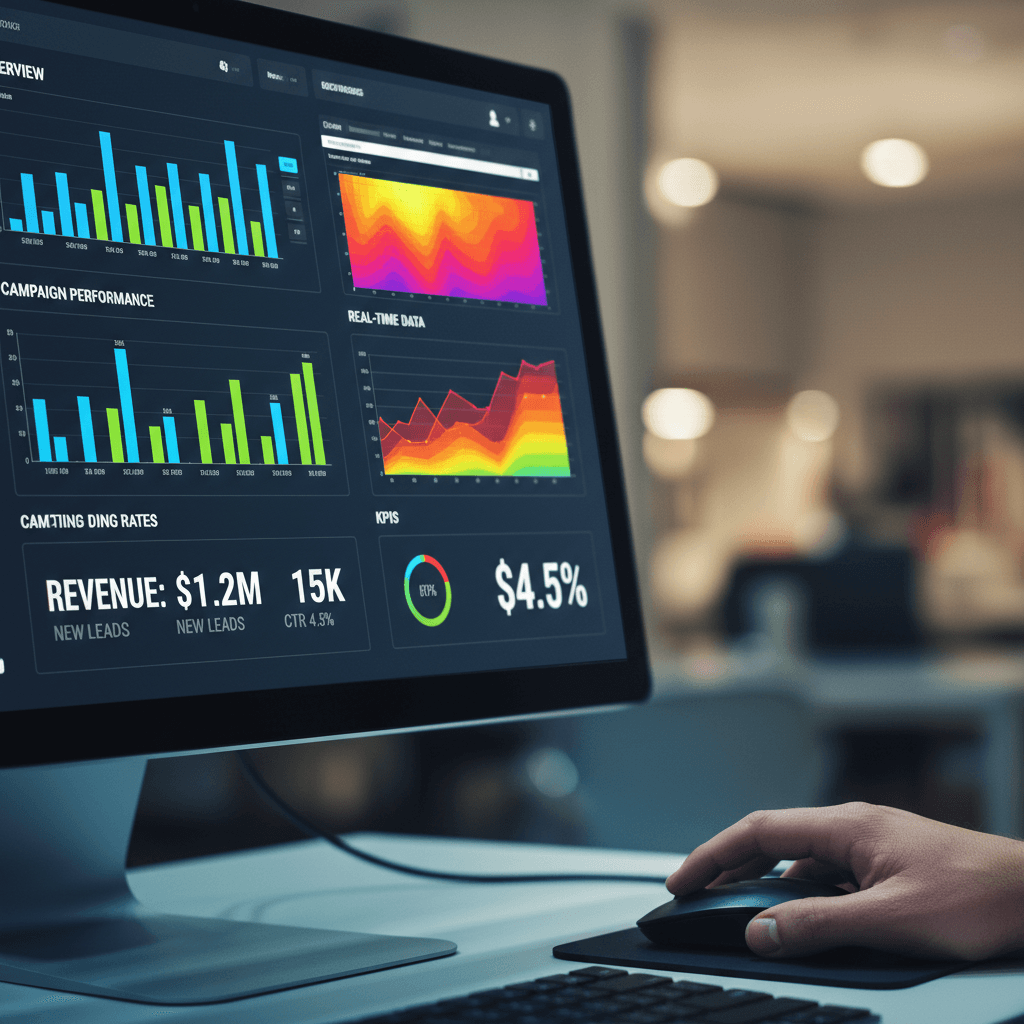 Computer monitor displaying marketing analytics with performance graphs