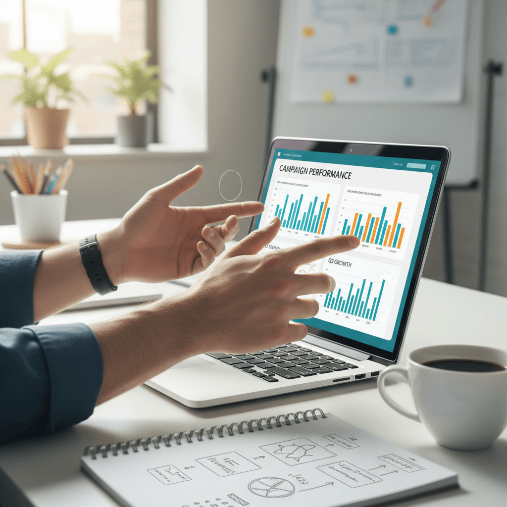 Professional analyzing campaign performance charts on a laptop