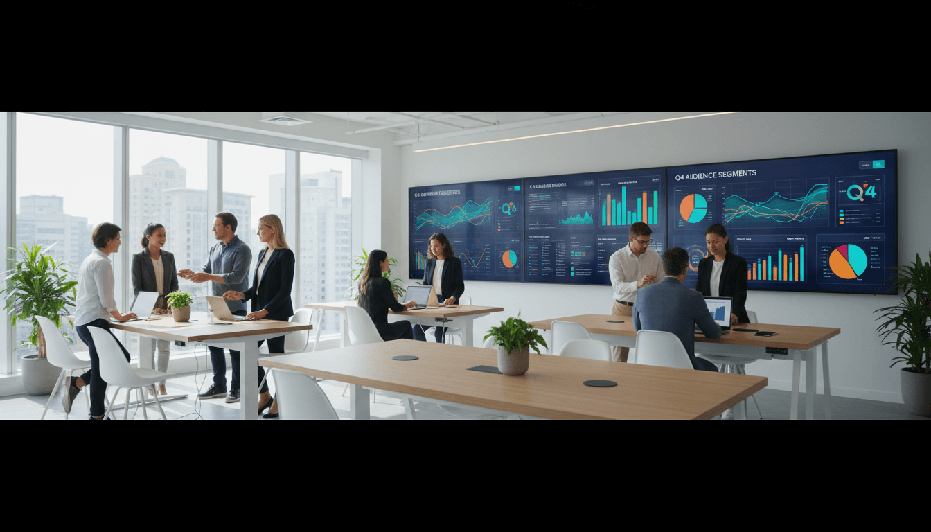 Marketing professional reviewing campaign analytics on a large screen